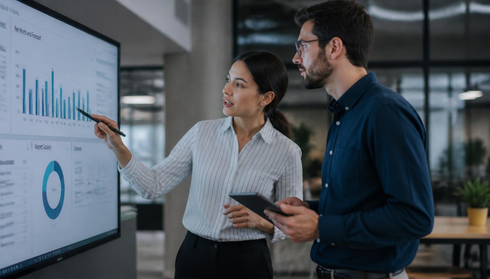 Dois profissionais analisando indicadores financeiros em um monitor