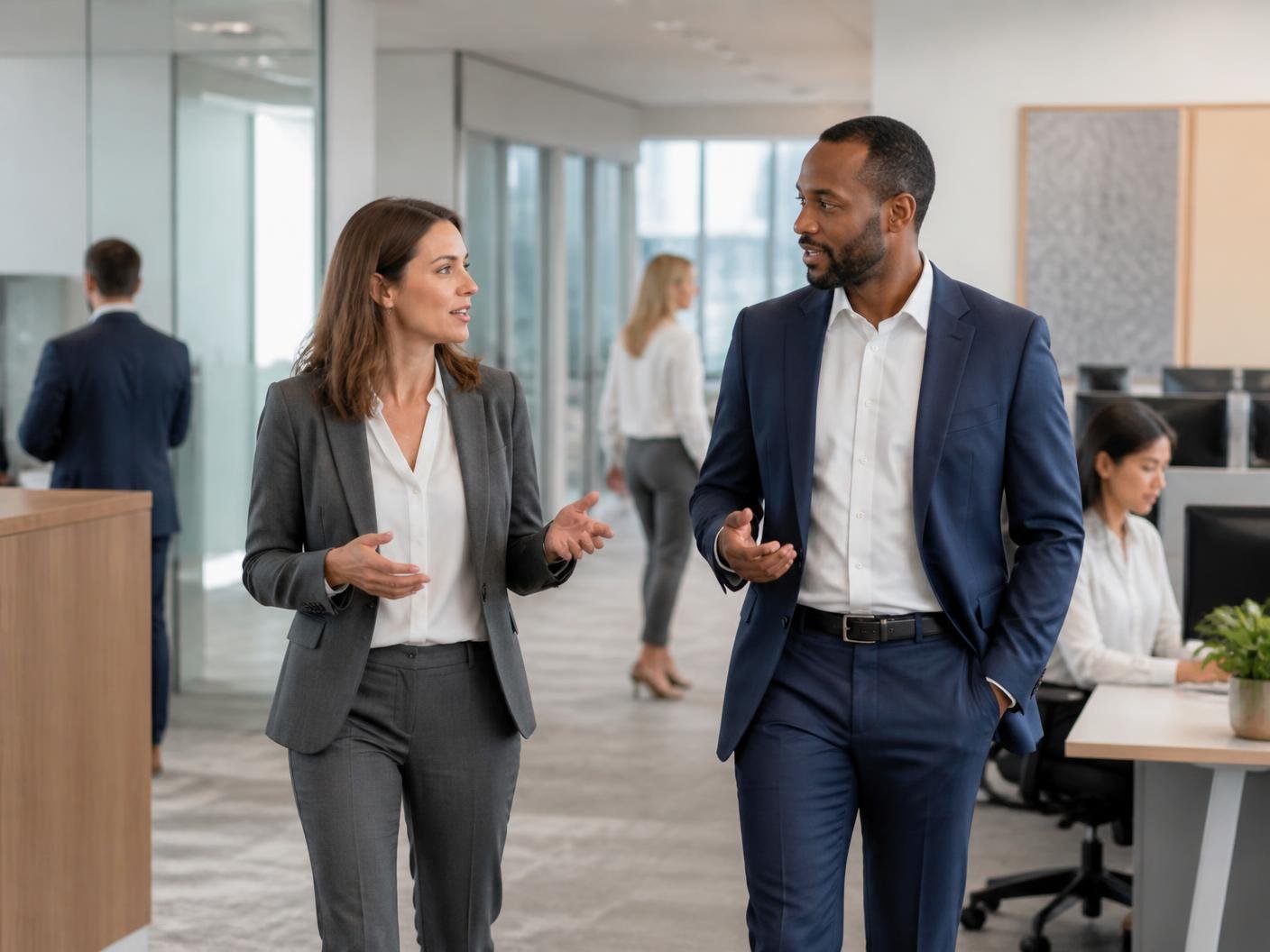 Ambiente corporativo moderno com profissionais em atividade