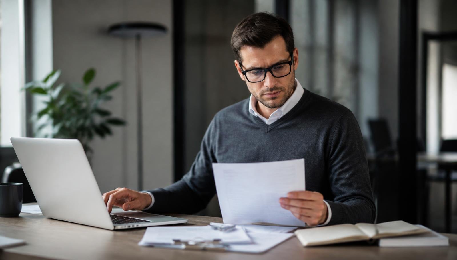 Profissional executando rotinas financeiras com documentos e notebook